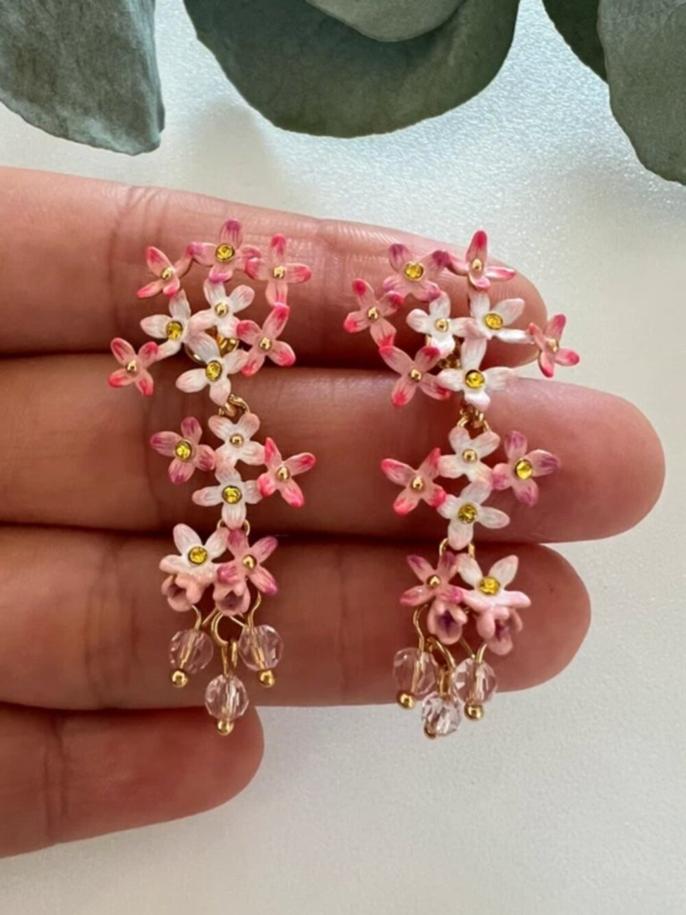 Les Néréides Pink Lilac Flower Earrings 18k Gold Plated Hand Painted Floral